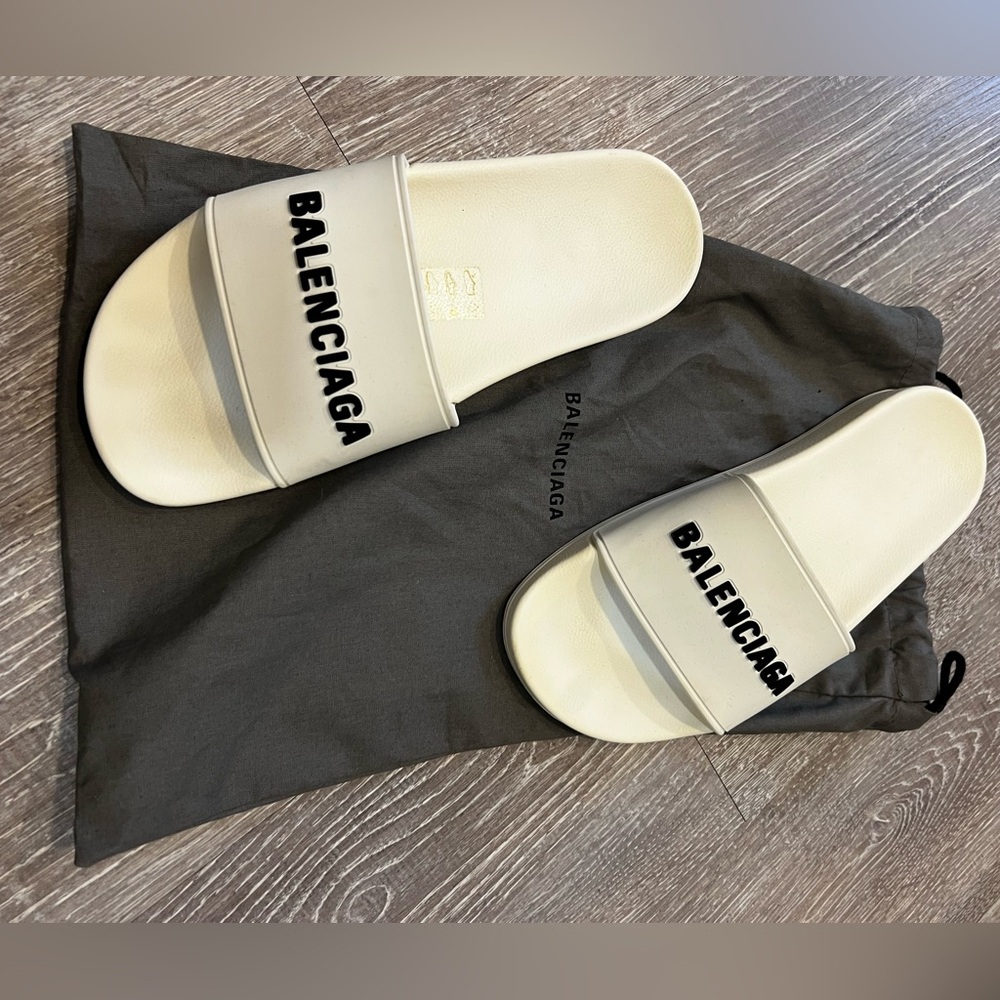 Balenciaga Cream Slides with Black Logo